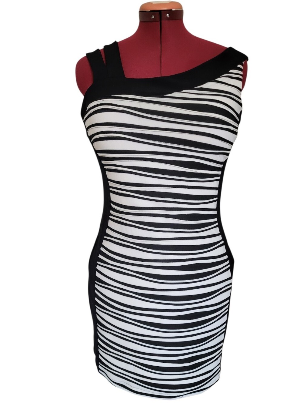 Frank Lyman Design Black & White Asymmetrical Striped Sheath Dress Cocktail